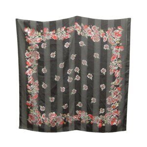 Vintage Floral Black Red Silk Scarf Square Polyester Sheer 39 x 39 in Korea